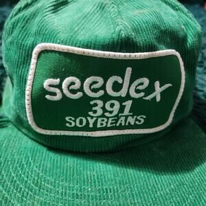 Vintage Seedex 391 Soybeans Green Corduroy Snapback Hat USA Made Farm Cap